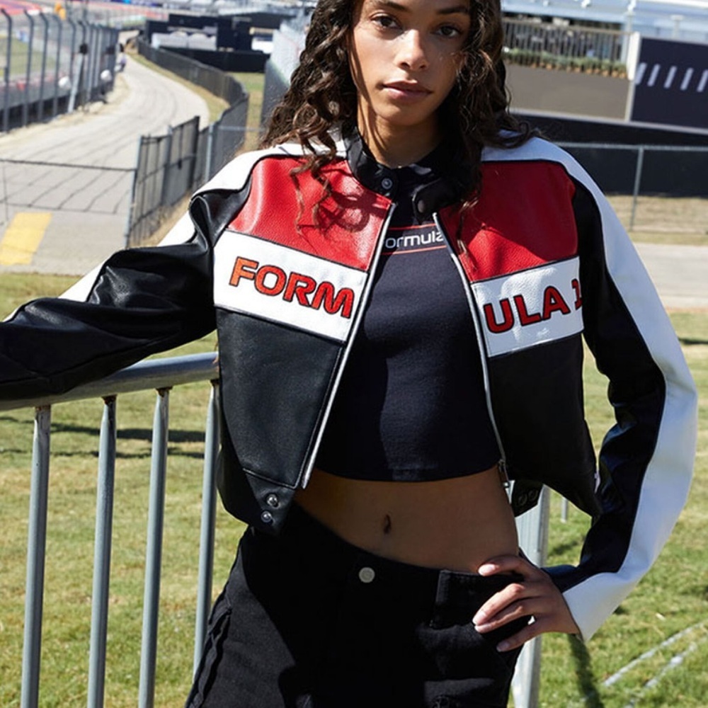 New Formula 1 PacSun red black faux leather moto crop jacket XS